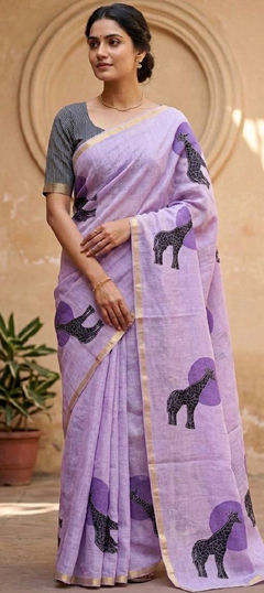 Purple and Violet color Saree in Linen fabric with Printed, Weaving, Zari work