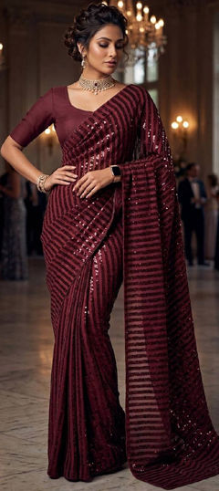Red and Maroon color Saree in Silk fabric with Sequence work