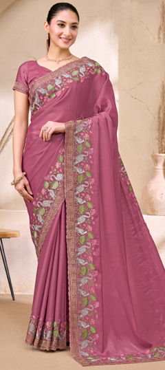 Pink and Majenta color Saree in Chiffon, Satin fabric with Border, Embroidered work