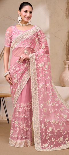 Pink and Majenta color Saree in Net fabric with Border, Cut Dana, Embroidered work