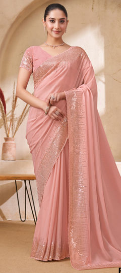 Pink and Majenta color Saree in Georgette fabric with Sequence work