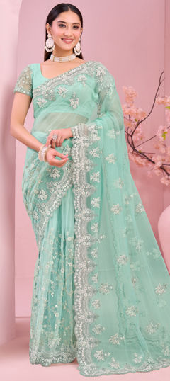Green color Saree in Net fabric with Border, Embroidered work