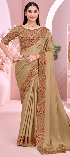 Beige and Brown color Readymade Saree in Chiffon fabric with Embroidered work