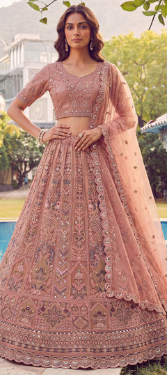Pink and Majenta color Lehenga in Net fabric with Embroidered, Sequence work