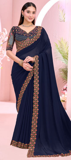 Blue color Readymade Saree in Georgette fabric with Embroidered work
