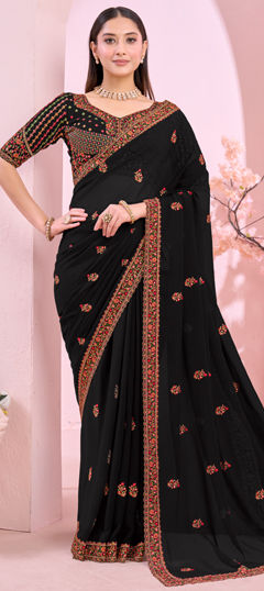 Black and Grey color Readymade Saree in Georgette fabric with Embroidered work