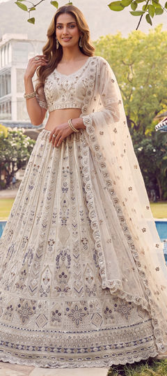 White and Off White color Lehenga in Net fabric with Embroidered, Sequence work