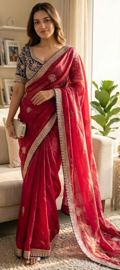 Pink and Majenta color Readymade Saree in Tissue fabric with Embroidered, Sequence, Zari work