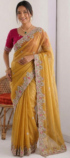 Yellow color Saree in Tissue fabric with Embroidered work