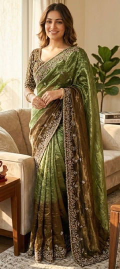 Multicolor color Readymade Saree in Tissue fabric with Embroidered work
