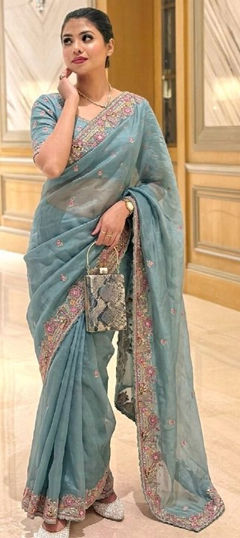 Blue color Saree in Chiffon fabric with Embroidered, Zircon work