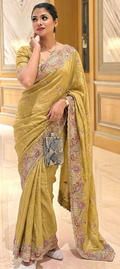 Yellow color Saree in Chiffon fabric with Embroidered, Zircon work