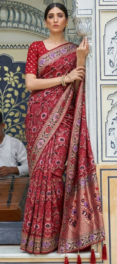 Red and Maroon color Saree in Georgette fabric with Printed, Weaving work