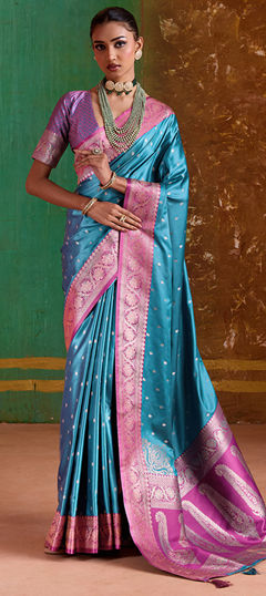 Blue color Saree in Blended fabric with Weaving work