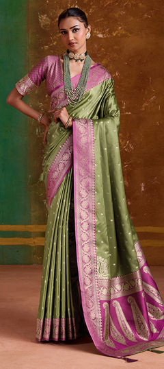 Green color Saree in Blended fabric with Weaving work
