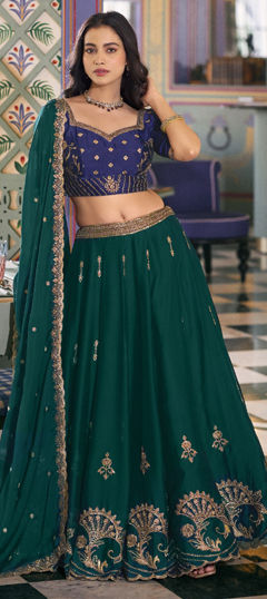 Green color Lehenga in Silk fabric with Embroidered, Sequence, Thread work