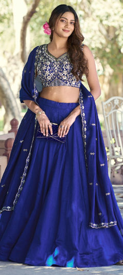 Blue color Lehenga in Silk fabric with Bugle Beads, Embroidered, Sequence, Thread work