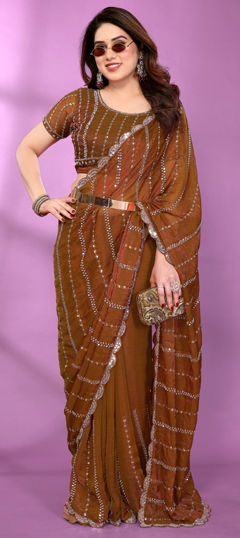 Beige and Brown color Saree in Satin Silk fabric with Bugle Beads work