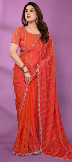 Pink and Majenta color Saree in Satin Silk fabric with Bugle Beads work