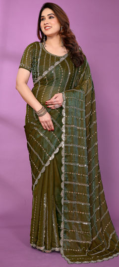 Green color Saree in Satin Silk fabric with Bugle Beads work