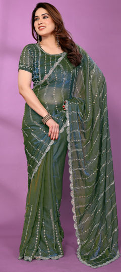 Blue color Saree in Satin Silk fabric with Bugle Beads work