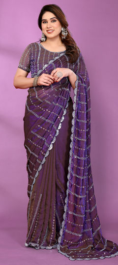 Purple and Violet color Saree in Satin Silk fabric with Bugle Beads work