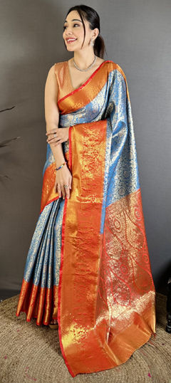 Blue color Saree in Kanchipuram Silk fabric with Weaving work