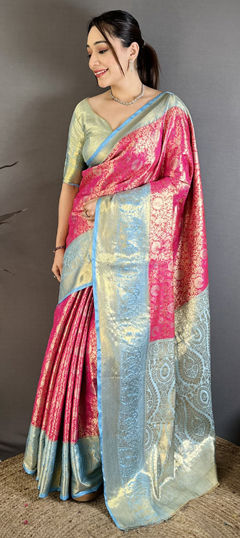 Pink and Majenta color Saree in Kanchipuram Silk fabric with Weaving work