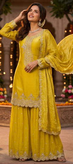 Yellow color Salwar Kameez in Silk fabric with Embroidered, Sequence work