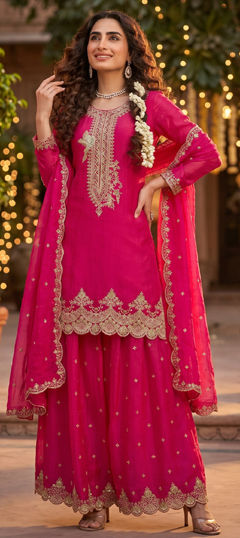 Pink and Majenta color Salwar Kameez in Silk fabric with Embroidered, Sequence work