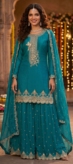Blue color Salwar Kameez in Silk fabric with Embroidered, Sequence work