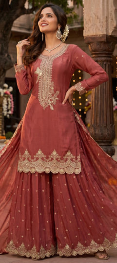 Beige and Brown color Salwar Kameez in Silk fabric with Embroidered, Sequence work