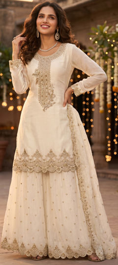 White and Off White color Salwar Kameez in Silk fabric with Embroidered, Sequence work