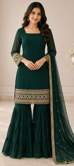Green color Salwar Kameez in Faux Georgette fabric with Embroidered, Sequence work