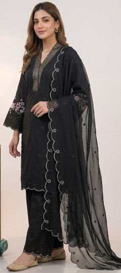 Black and Grey color Salwar Kameez in Mul Chanderi fabric with Embroidered, Sequence work