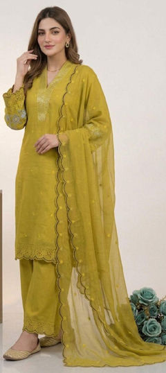 Green color Salwar Kameez in Mul Chanderi fabric with Embroidered, Sequence work