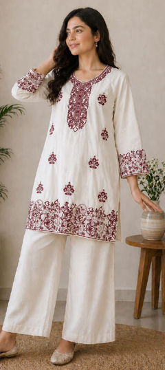 White and Off White color Salwar Kameez in Cotton, Rayon fabric with Embroidered work