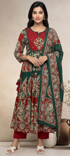 Green, Red and Maroon color Salwar Kameez in Cotton fabric with Bugle Beads, Printed, Sequence, Zari work