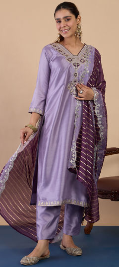 Purple and Violet color Salwar Kameez in Blended, Silk fabric with Embroidered, Sequence work