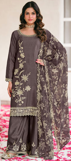 Black and Grey color Salwar Kameez in Chinon Silk fabric with Embroidered work