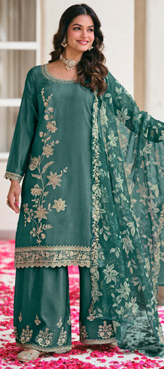 Green color Salwar Kameez in Chinon Silk fabric with Embroidered work