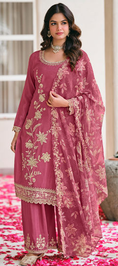 Pink and Majenta color Salwar Kameez in Chinon Silk fabric with Embroidered work