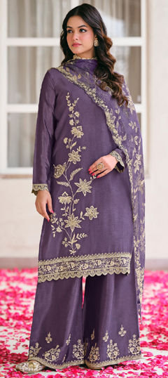 Purple and Violet color Salwar Kameez in Chinon Silk fabric with Embroidered work