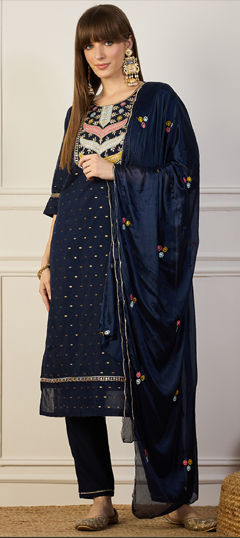 Blue color Salwar Kameez in Chanderi Silk fabric with Bugle Beads, Embroidered work