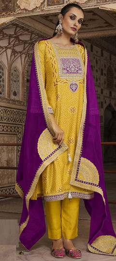 Purple and Violet, Yellow color Salwar Kameez in Bemberg fabric with Bandhej, Digital Print, Embroidered, Patch, Printed work