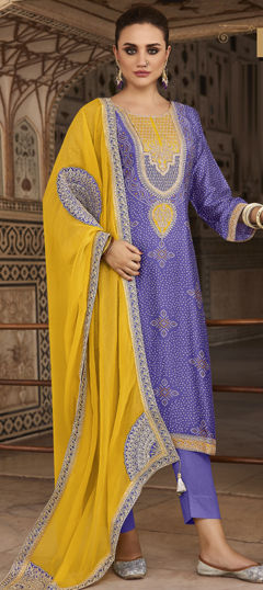 Purple and Violet color Salwar Kameez in Bemberg fabric with Bandhej, Digital Print, Embroidered, Patch, Printed work