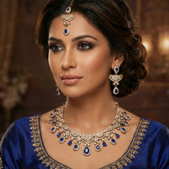 Gold Rodium Polish Blue color Necklace in Metal Alloy studded with Austrian diamond