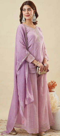 Purple and Violet color Salwar Kameez in Crushed Silk fabric with Embroidered, Thread work