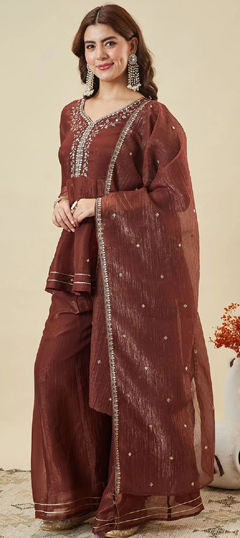 Beige and Brown color Salwar Kameez in Crushed Silk fabric with Embroidered, Thread work