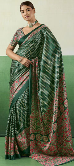Green color Saree in Satin Silk fabric with Printed work
